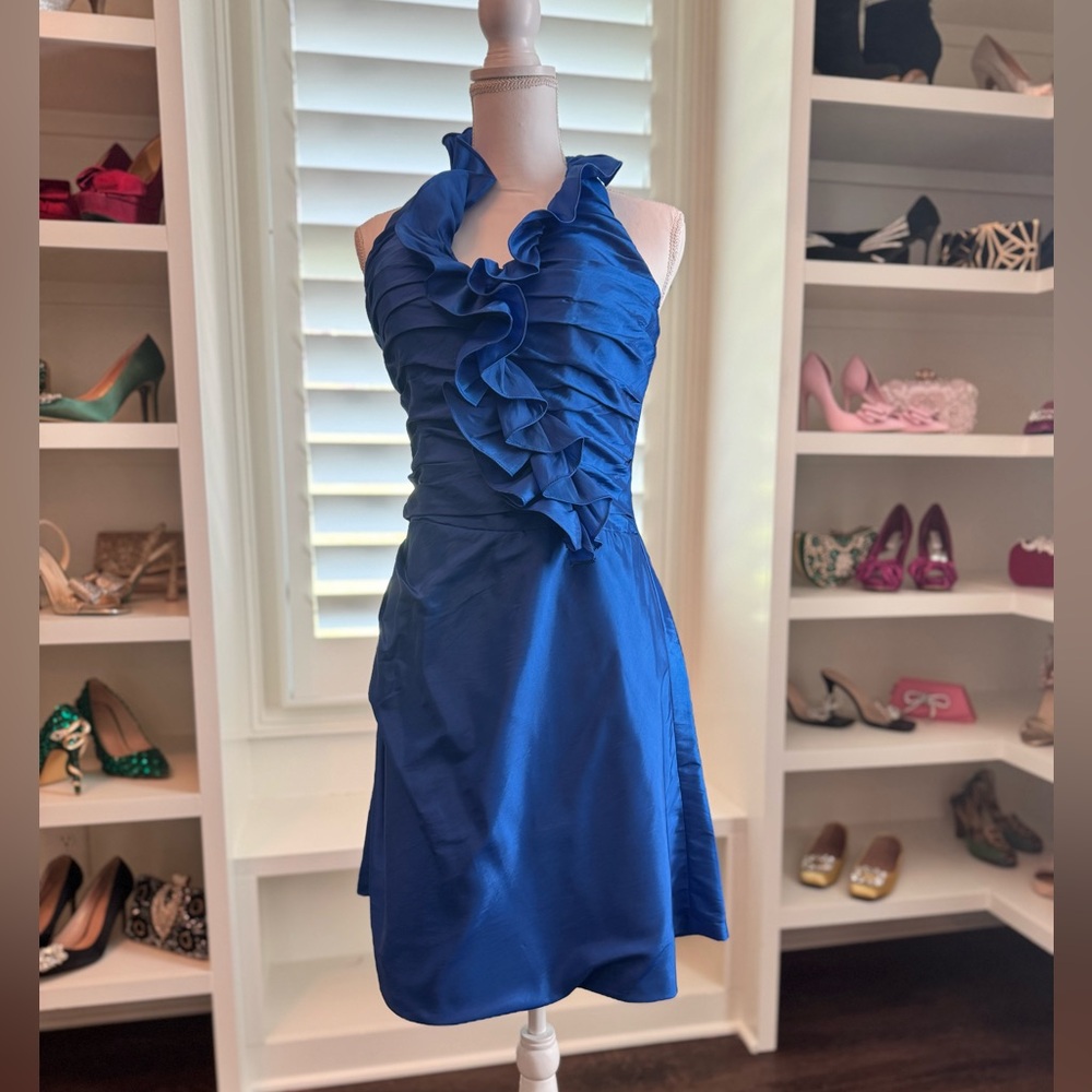 Bold Cobalt Blue Halter Dress with Ruffle Detail